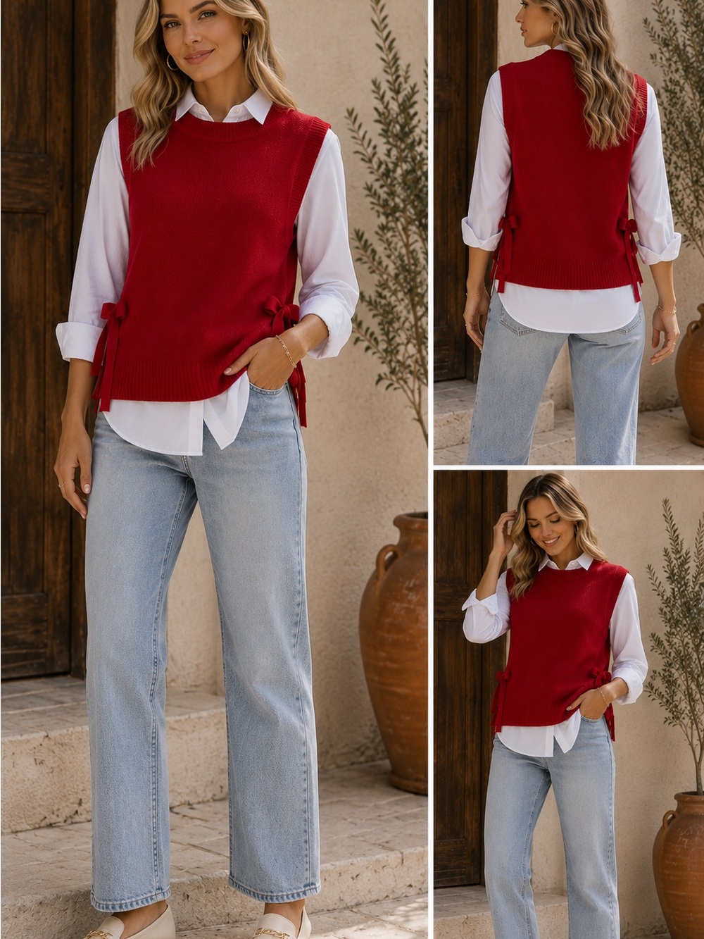 Zenana Outfitters Red Knit Side-Tie Sweater Vest